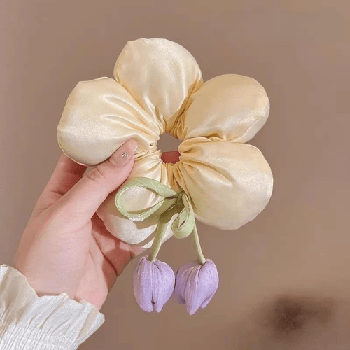 Satin Flower Scrunchie Ribbon Buds Cute Hair Tie