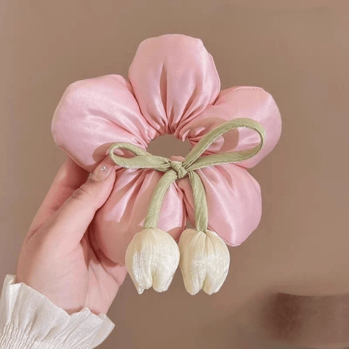 Satin Flower Scrunchie Ribbon Buds Cute Hair Tie