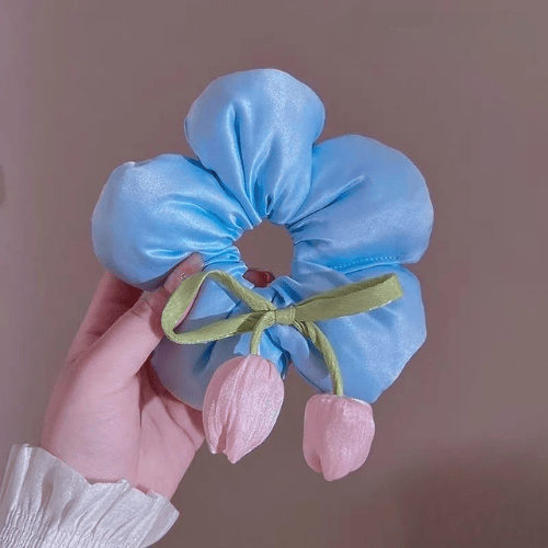 Satin Flower Scrunchie Ribbon Buds Cute Hair Tie
