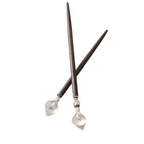 Wooden Hair Stick with Silver Lily Flower and Pearl Accent