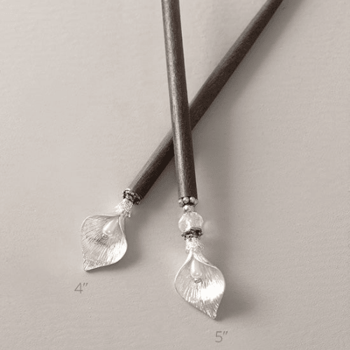 Wooden Hair Stick with Silver Lily Flower and Pearl Accent