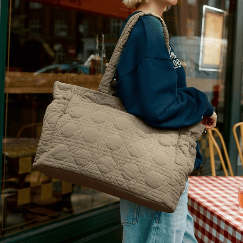 UrbanEase Quilted Beige Oversized Tote Bag with Padded Handles